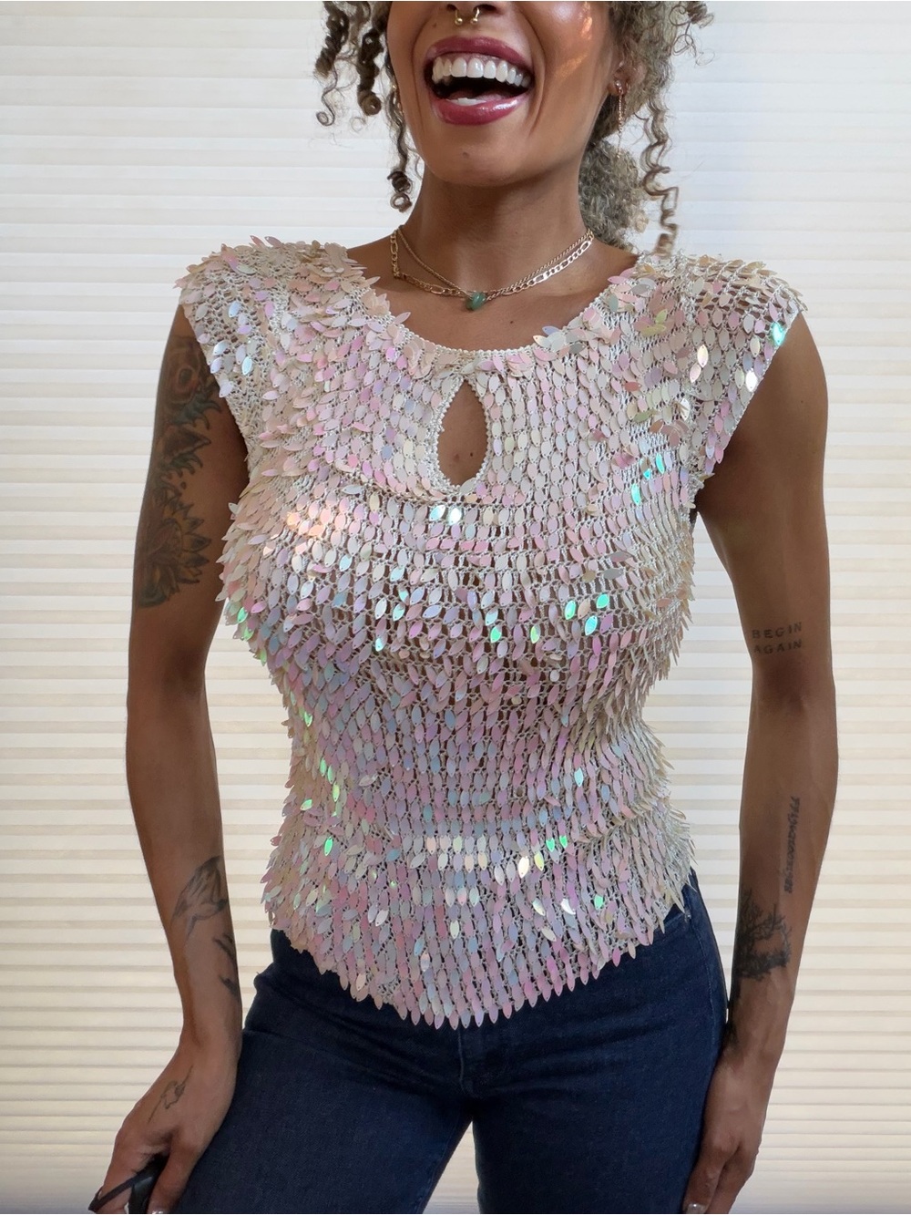 Vintage Y2K Iridescent Paillette Mesh Festival Blouse - Picture 4 of 16